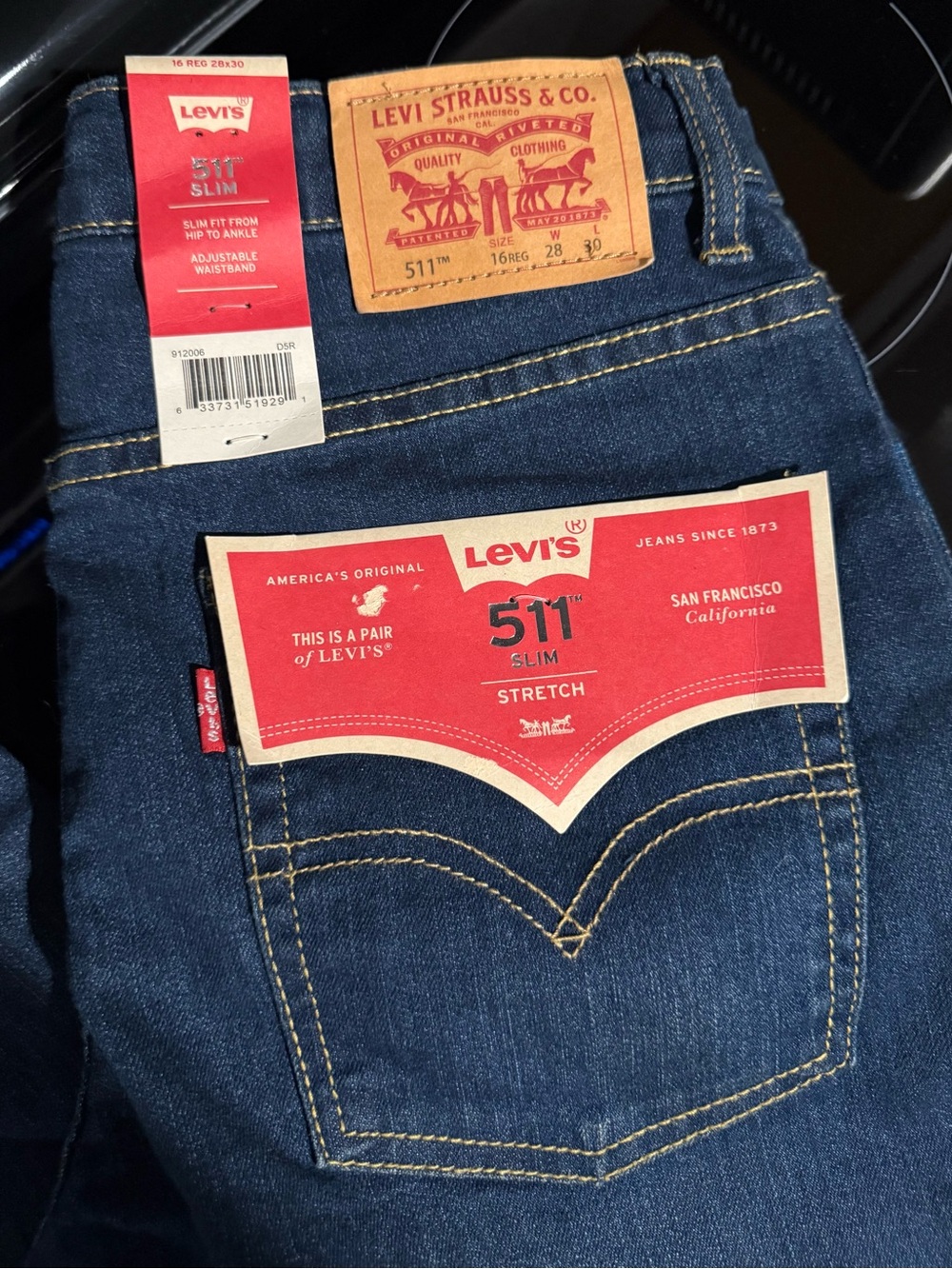 Levi's 511 Slim Stretch Jeans Adjustable Waist 16 Reg 28x30 Blue youth or adult